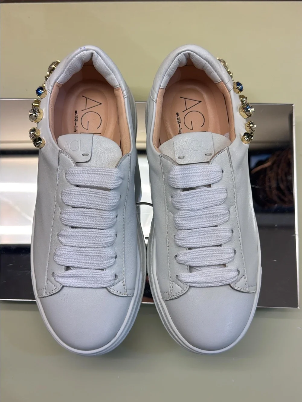 Agl White Leather Platform Sneakers with Crystal Accents - Picture 2 of 4